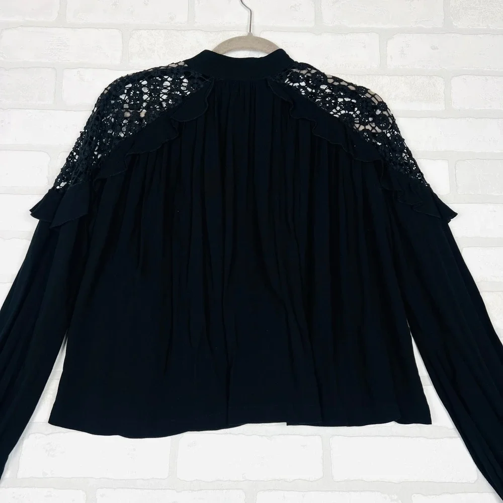 Free People Black Crochet Lace Ruffle Mock Neck Keyhole Blouse XS